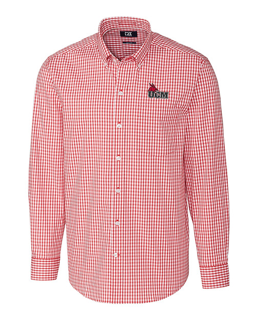 Central Missouri Mules Cutter & Buck Easy Care Stretch Gingham Mens Big and Tall Long Sleeve Dress Shirt Cardinal Red Mannequin