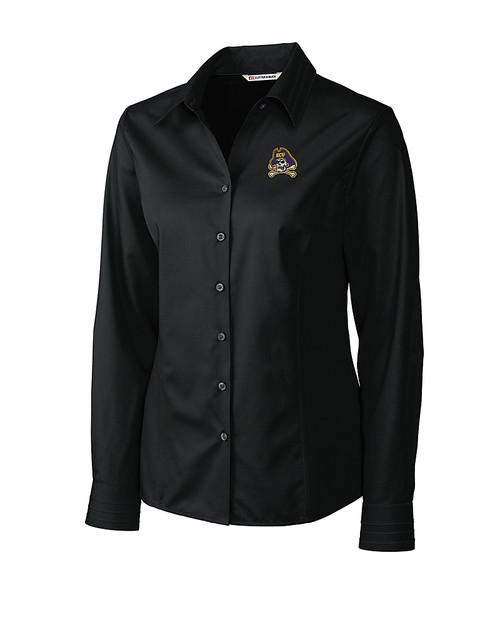 East Carolina Pirates Cutter & Buck Epic Easy Care Fine Twill Womens Long Sleeve Dress Shirt Black Mannequin