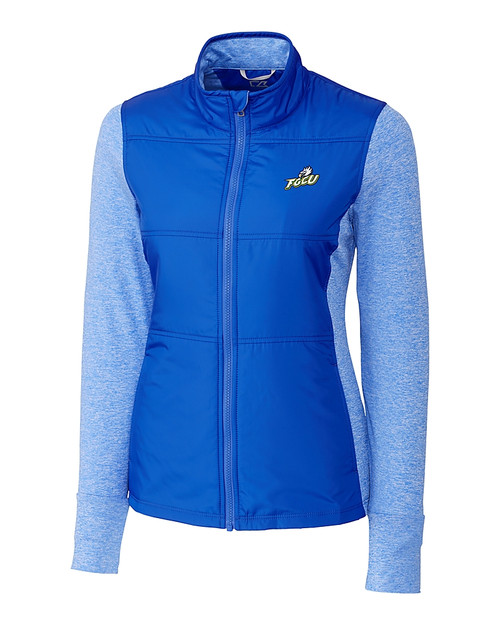 Florida Gulf Coast Eagles Cutter & Buck Stealth Hybrid Quilted Womens Full Zip Windbreaker Jacket Chelan Blue Mannequin