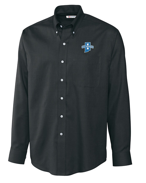 Indiana State Sycamores Cutter & Buck Epic Easy Care Nailshead Mens Big and Tall Long Sleeve Dress Shirt Black Mannequin