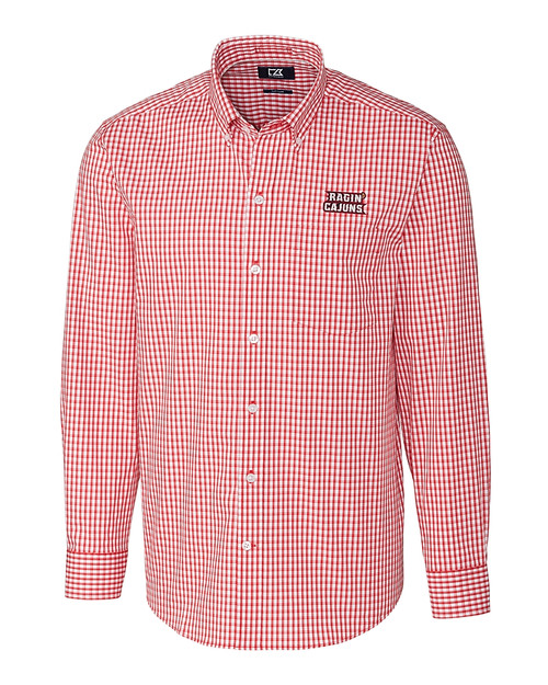 Louisiana-Lafayette Ragin Cajuns Cutter & Buck Easy Care Stretch Gingham Mens Big and Tall Long Sleeve Dress Shirt Cardinal Red Mannequin