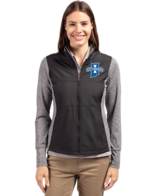 Indiana State Sycamores Cutter & Buck Stealth Hybrid Quilted Womens Full Zip Windbreaker Jacket Black Front