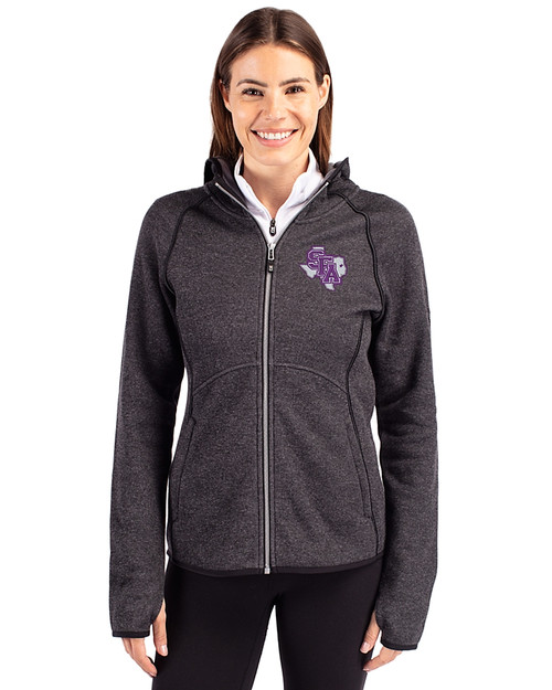 Stephen F Austin Lumberjacks Cutter & Buck Mainsail Full Zip Hooded Womens Jacket Charcoal Heather Front