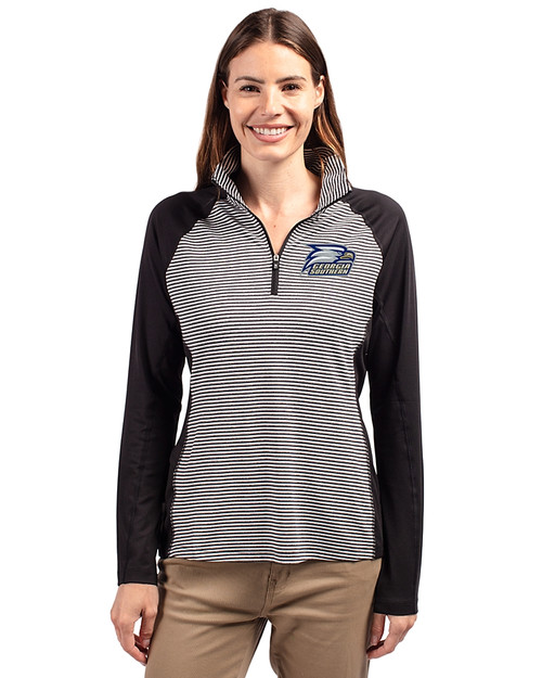 Georgia Southern Eagles Cutter & Buck Forge Tonal Stripe Stretch Half Zip Womens Top Black Front
