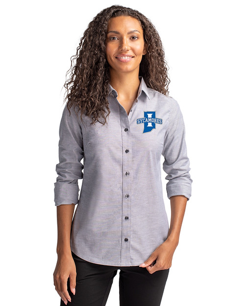 Indiana State Sycamores Cutter & Buck Stretch Oxford Womens Long Sleeve Dress Shirt Charcoal Front