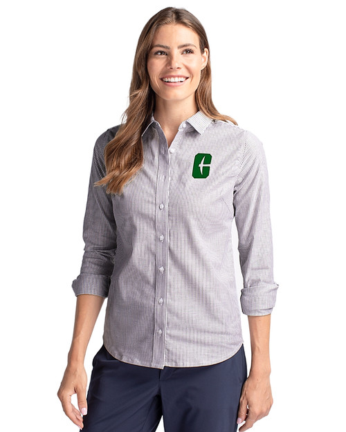 Charlotte 49ers Cutter & Buck Stretch Oxford Stripe Womens Long Sleeve Dress Shirt Charcoal Front