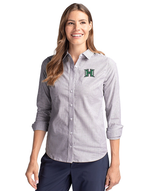 Hawaii Warriors Cutter & Buck Stretch Oxford Stripe Womens Long Sleeve Dress Shirt Charcoal Front
