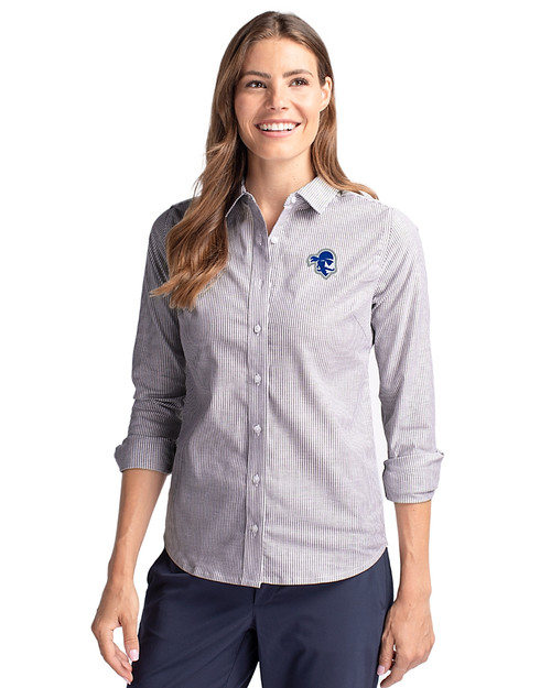 Seton Hall Pirates Cutter & Buck Stretch Oxford Stripe Womens Long Sleeve Dress Shirt Charcoal Front