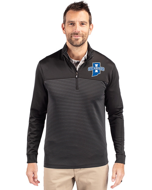 Indiana State Sycamores Cutter & Buck Traverse Stretch Eco Stripe Quarter Zip Mens Pullover Black Front
