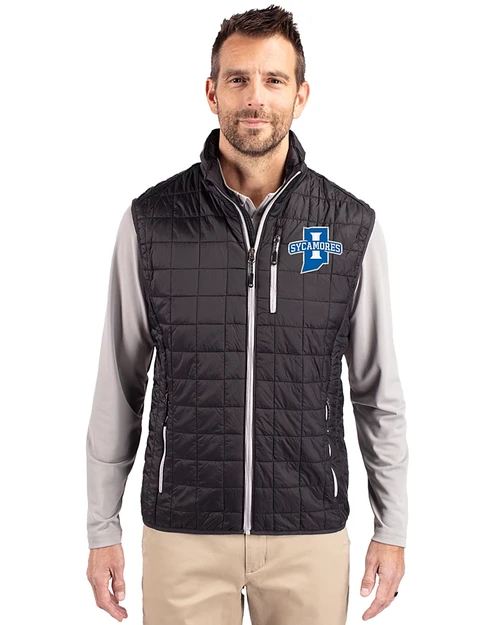 Indiana State Sycamores Cutter & Buck Rainier Recycled Insulated Puffer Mens Big & Tall Full Zip Vest Black Front