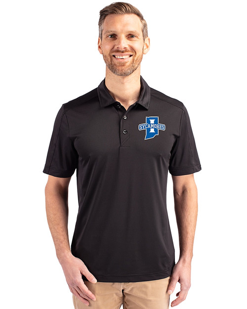 Indiana State Sycamores Cutter & Buck Prospect Eco Textured Stretch Recycled Mens Short Sleeve Polo Black Front