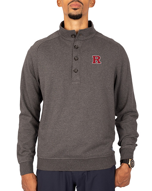 Rutgers Scarlet Knights Cutter & Buck Saturday Cotton Blend Mens Big and Tall  Mock Pullover Sweatshirt Charcoal Heather Front