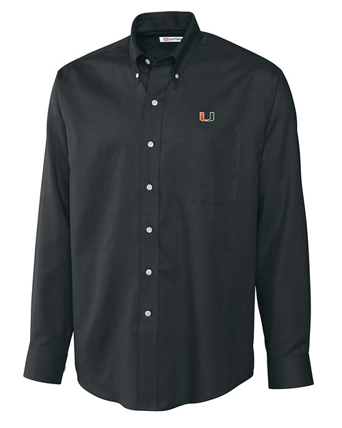 Miami Hurricanes Cutter & Buck Epic Easy Care Nailshead Mens Big and Tall Long Sleeve Dress Shirt Black Mannequin