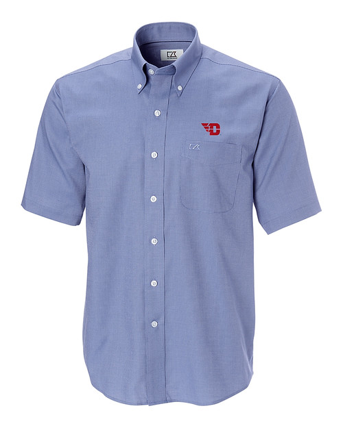 Dayton Flyers Cutter & Buck Epic Easy Care Nailshead Mens Big and Tall Short Sleeve Dress Shirt French Blue Mannequin
