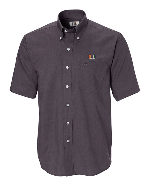 Miami Hurricanes Cutter & Buck Epic Easy Care Nailshead Mens Big and Tall Short Sleeve Dress Shirt Black Mannequin