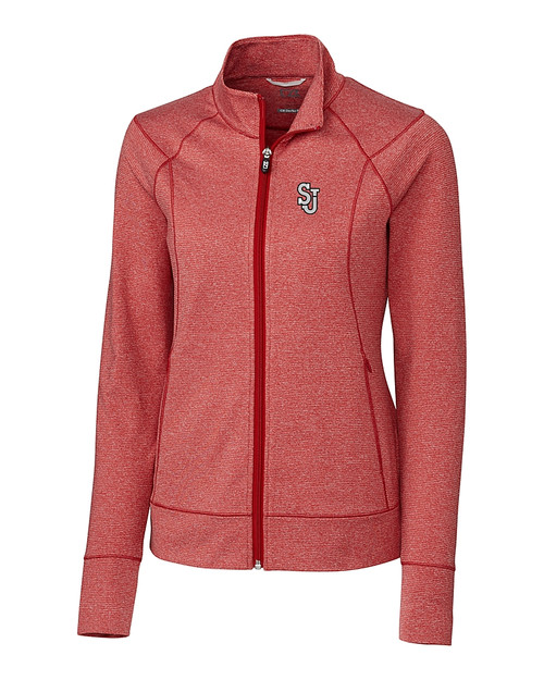 St Johns Red Storm Cutter & Buck Shoreline Heathered Womens Full Zip Jacket Cardinal Red Heather Mannequin