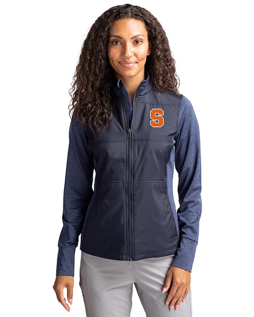 Syracuse Orange Cutter & Buck Stealth Hybrid Quilted Womens Full Zip Windbreaker Jacket Liberty Navy Front