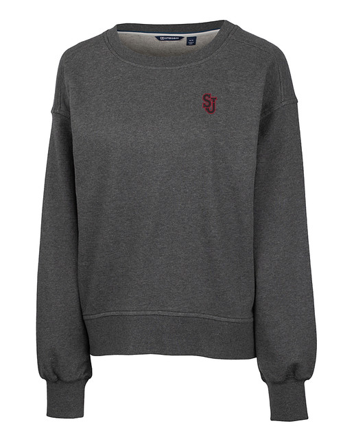 St Johns Red Storm Cutter & Buck Saturday Cotton Blend Womens Crew Neck Sweatshirt Charcoal Heather Mannequin