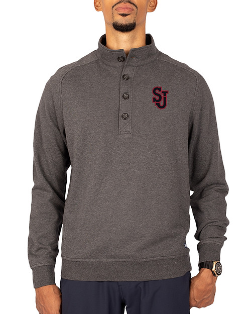 St Johns Red Storm Cutter & Buck Saturday Cotton Blend Mens Mock Pullover Sweatshirt Charcoal Heather Front