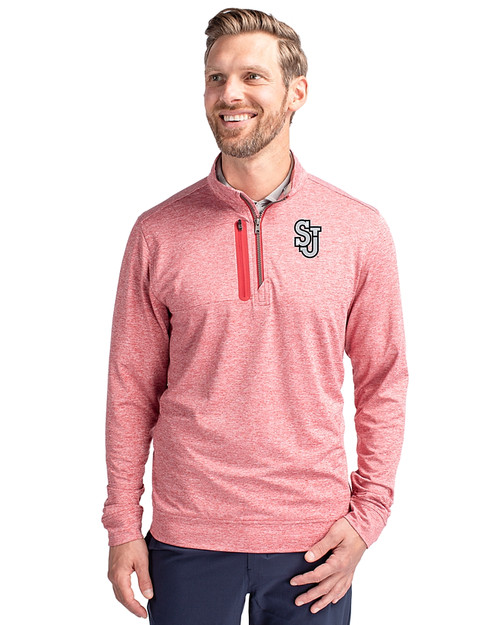 St Johns Red Storm Cutter & Buck Stealth Heathered Quarter Zip Mens Pullover Cardinal Red Front