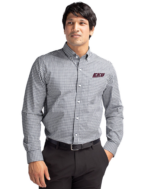 Eastern Kentucky Colonels Cutter & Buck Easy Care Stretch Gingham Mens Long Sleeve Dress Shirt Charcoal Front
