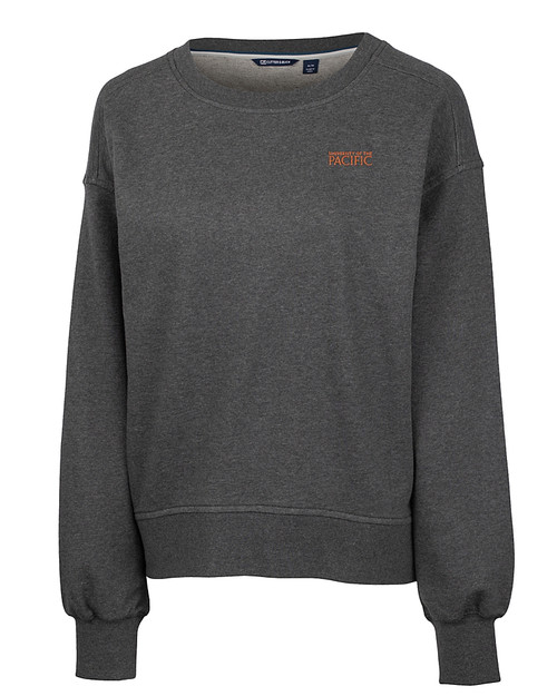 UOP Tigers Cutter & Buck Saturday Cotton Blend Womens Crew Neck Sweatshirt Charcoal Heather Mannequin