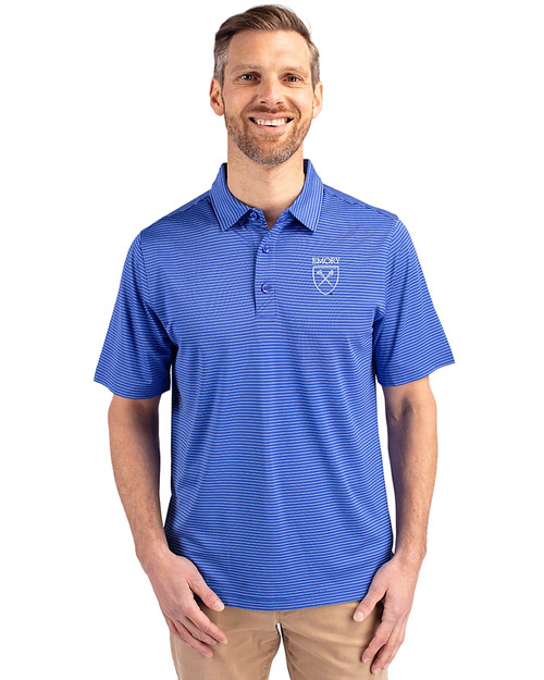 Emory Eagles Cutter & Buck Forge Pencil Stripe Stretch Mens Polo Chelan Blue Front