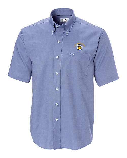 San Jose State Spartans Cutter & Buck Epic Easy Care Nailshead Mens Big and Tall Short Sleeve Dress Shirt French Blue Mannequin