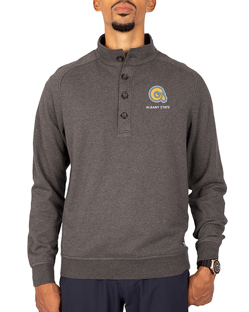 Albany State University Golden Rams Cutter & Buck Saturday Cotton Blend Mens Mock Pullover Sweatshirt Charcoal Heather Front