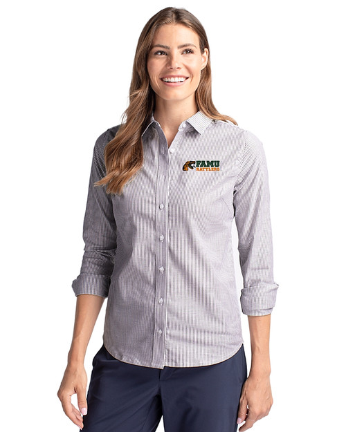 Florida A&M Rattlers Cutter & Buck Stretch Oxford Stripe Womens Long Sleeve Dress Shirt Charcoal Front