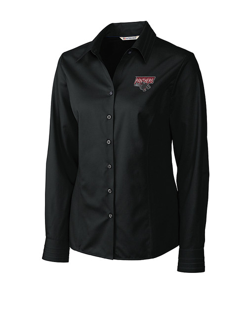 Clark Atlanta Panthers Cutter & Buck Epic Easy Care Fine Twill Womens Long Sleeve Dress Shirt Black Mannequin