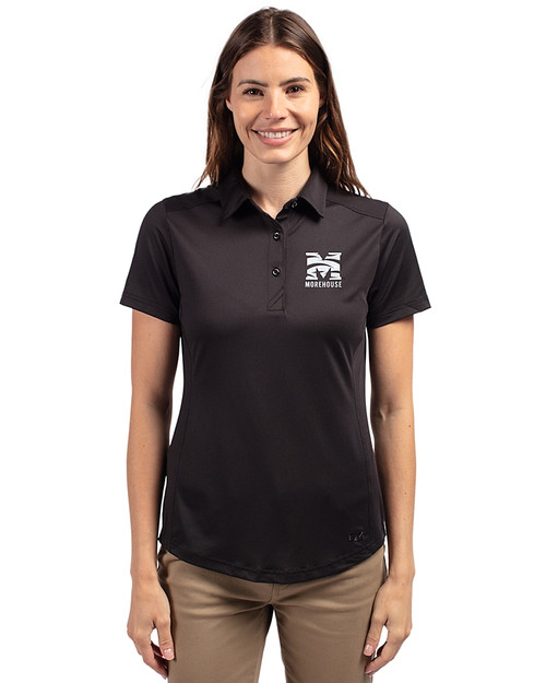 Morehouse Maroon Tigers Cutter & Buck Prospect Eco Textured Stretch Recycled Womens Short Sleeve Polo Black Front