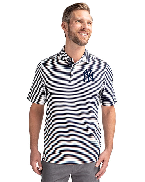 New York Yankees Cutter & Buck Virtue Eco Pique Stripe Recycled Mens Polo Navy Blue Front
