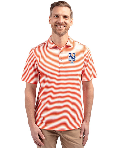 New York Mets Cutter & Buck Virtue Eco Pique Stripe Recycled Mens Polo College Orange Front