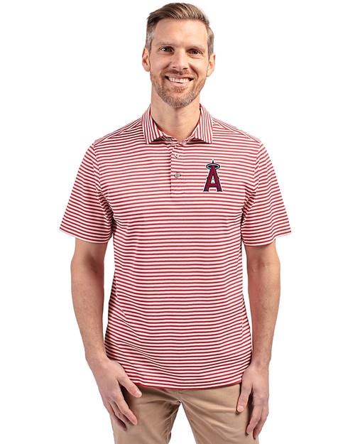 Los Angeles Angels Cutter & Buck Virtue Recycled Stripe Featherlight Pique Mens Polo Cardinal Red Front