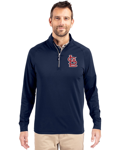 St. Louis Cardinals- Cutter & Buck Adapt Eco Knit Stretch Recycled Mens Big and Tall Quarter Zip Pullover Navy Blue Front