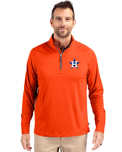 Houston Astros Cutter & Buck Adapt Eco Knit Stretch Recycled Mens Quarter Zip Pullover College Orange Front