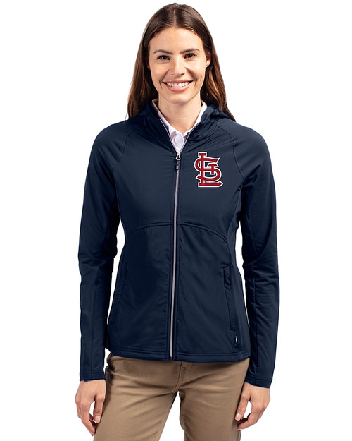 St. Louis Cardinals- Cutter & Buck Adapt Recycled Soft Knit Stretch Womens Hybrid Full Zip Jacket Navy Blue Front