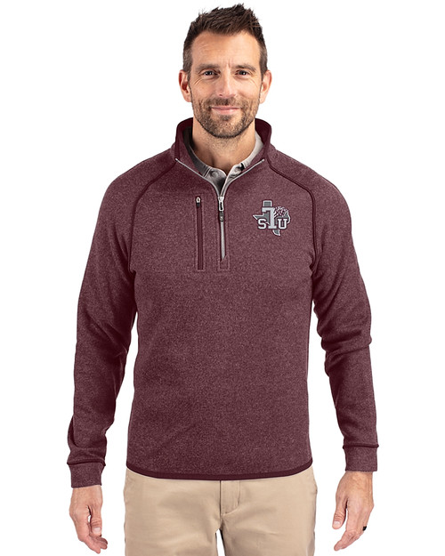Texas Southern Tigers Cutter & Buck Mainsail Sweater-Knit Mens Half Zip Jacket Bordeaux Heather Front