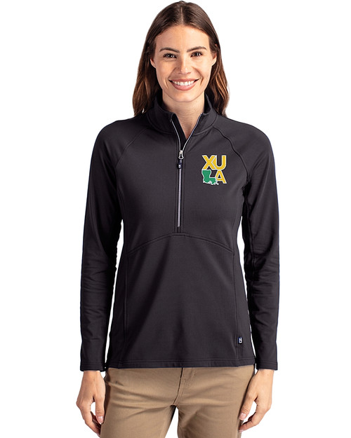 Xavier Gold Rush Cutter & Buck Adapt Eco Knit Stretch Recycled Womens Half Zip Pullover Black Front