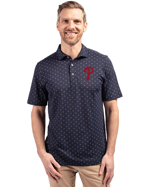 Philadelphia Phillies Cutter & Buck Virtue Eco Pique Tile Print Recycled Mens Polo Navy Blue Front
