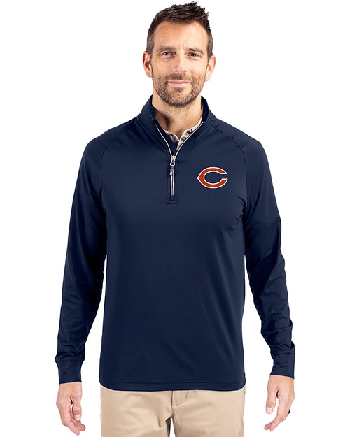 Chicago Bears Cutter & Buck Adapt Eco Knit Stretch Recycled Mens Big and Tall Quarter Zip Pullover Navy Blue Front