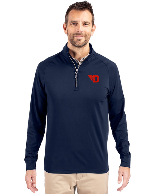 Dayton Flyers Cutter & Buck Adapt Eco Knit Stretch Recycled Mens Big and Tall Quarter Zip Pullover Navy Blue Front