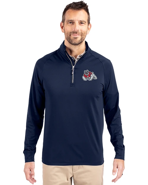 Fresno State Bulldogs Cutter & Buck Adapt Eco Knit Stretch Recycled Mens Big and Tall Quarter Zip Pullover Navy Blue Front