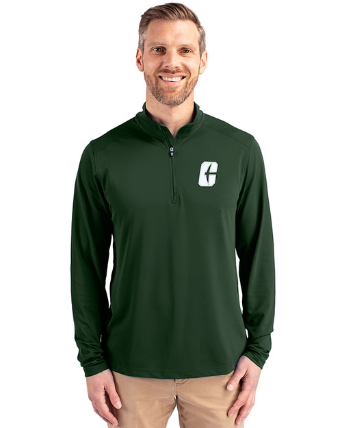 Charlotte 49ers Cutter & Buck Virtue Eco Pique Recycled Quarter Zip Mens Pullover Hunter Green Front