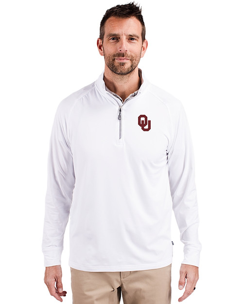 Oklahoma Sooners - Cutter & Buck Adapt Eco Knit Stretch Recycled Mens Quarter Zip Pullover White Front