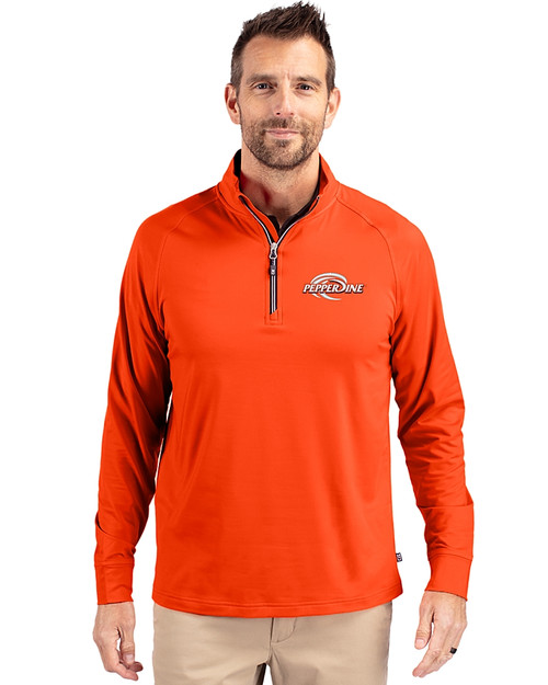 Pepperdine Waves Cutter & Buck Adapt Eco Knit Stretch Recycled Mens Quarter Zip Pullover College Orange Front