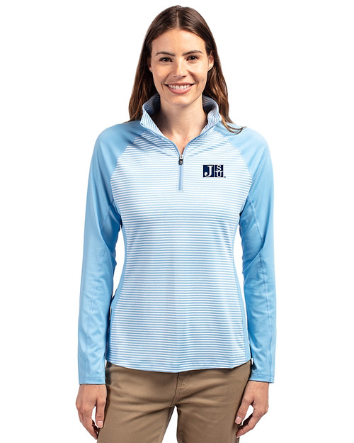 Jackson State Tigers Cutter & Buck Forge Tonal Stripe Stretch Half Zip Womens Top Atlas Light Blue Front