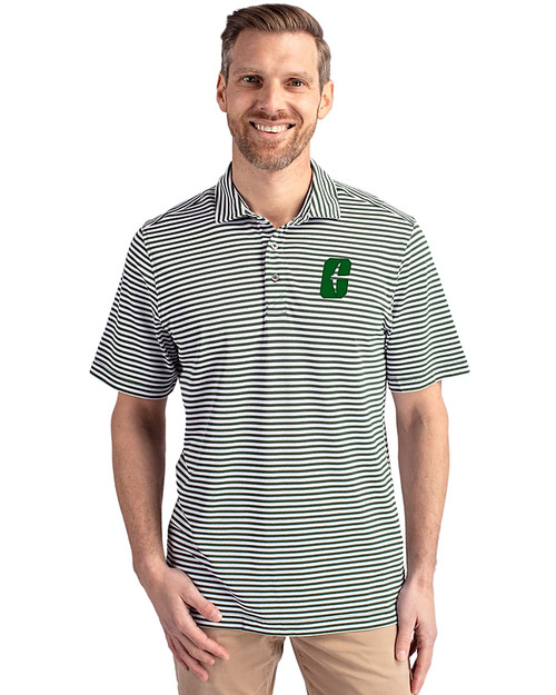 Charlotte 49ers Cutter & Buck Virtue Eco Pique Stripe Recycled Mens Polo Hunter Green Front