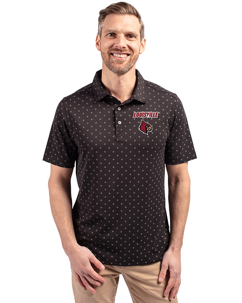 Louisville Cardinals Cutter & Buck Virtue Eco Pique Tile Print Recycled Mens Polo Black Front